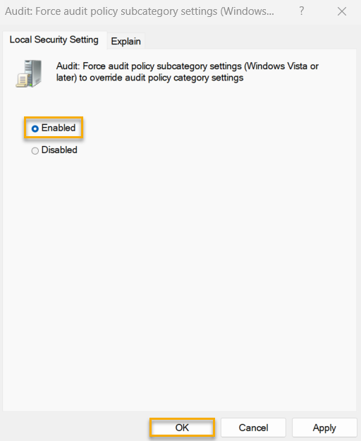 Ensure 'Audit Force audit policy subcategory settings (Windows Vista