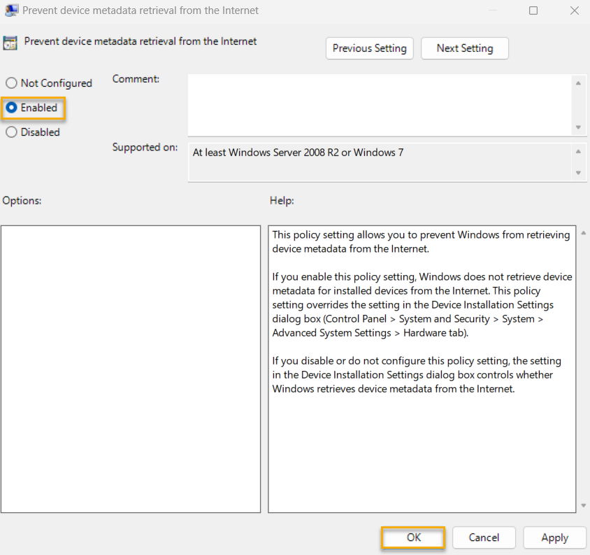 Ensure 'Prevent device metadata retrieval from the Internet' is set to ...