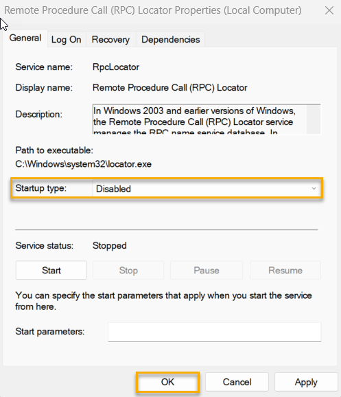Ensure 'Remote Procedure Call (RPC) Locator (RpcLocator)' is set to ...