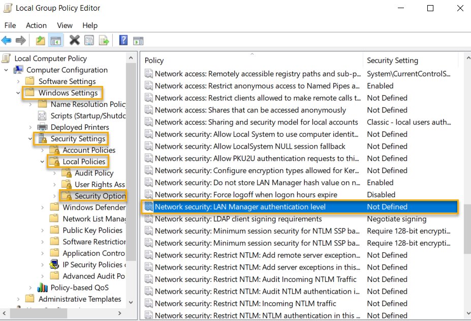 Ensure security LAN Manager authentication level' is set to