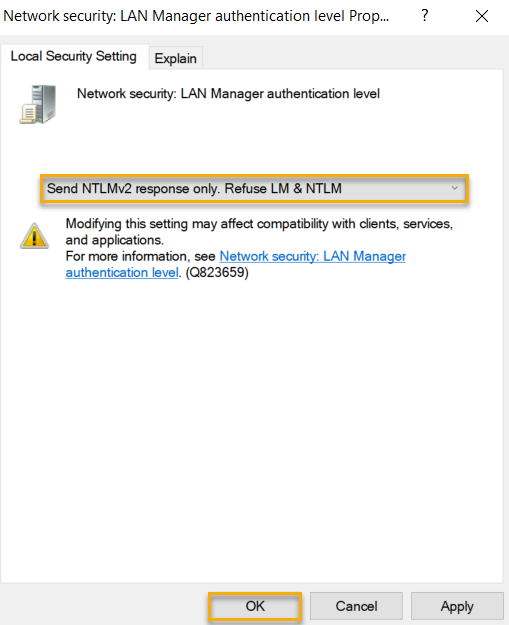 Ensure security LAN Manager authentication level' is set to